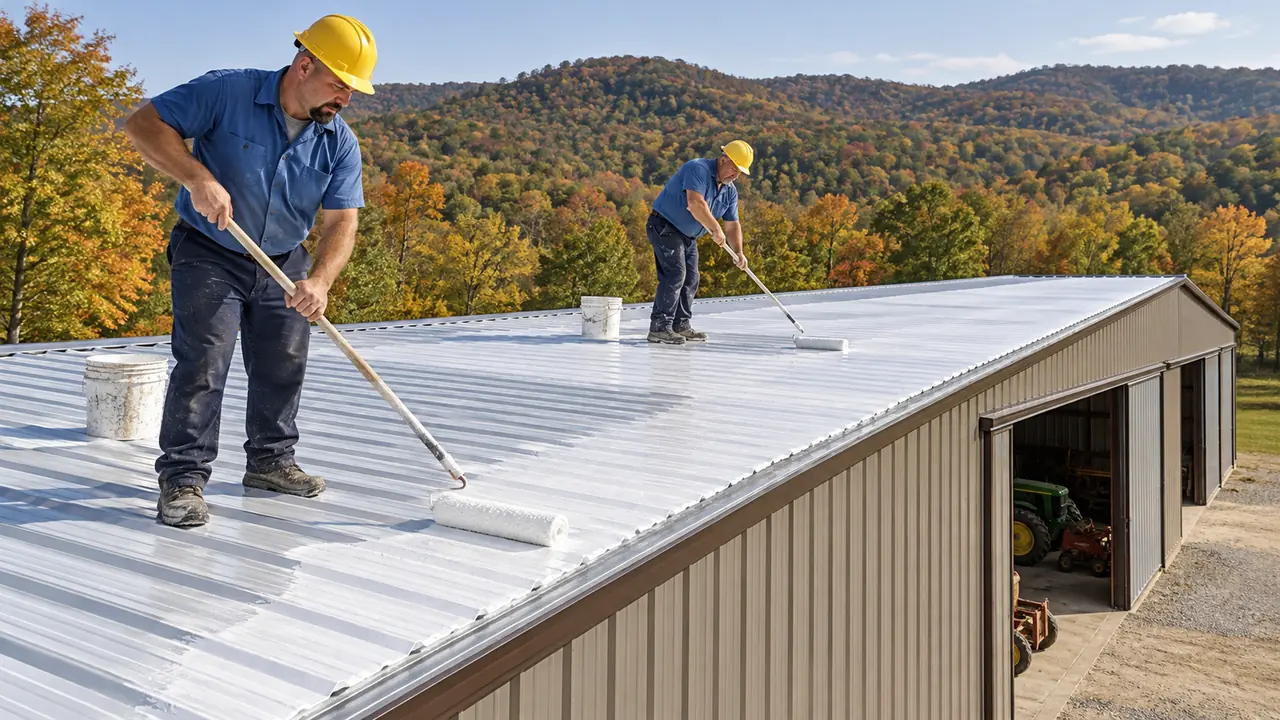 Crew rolling acrylic coating on a sloped metal roof