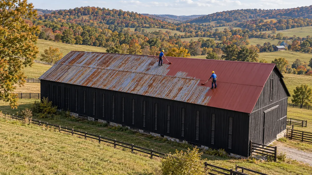Aerial view of a large metal barn roof with exposed-fastener panels