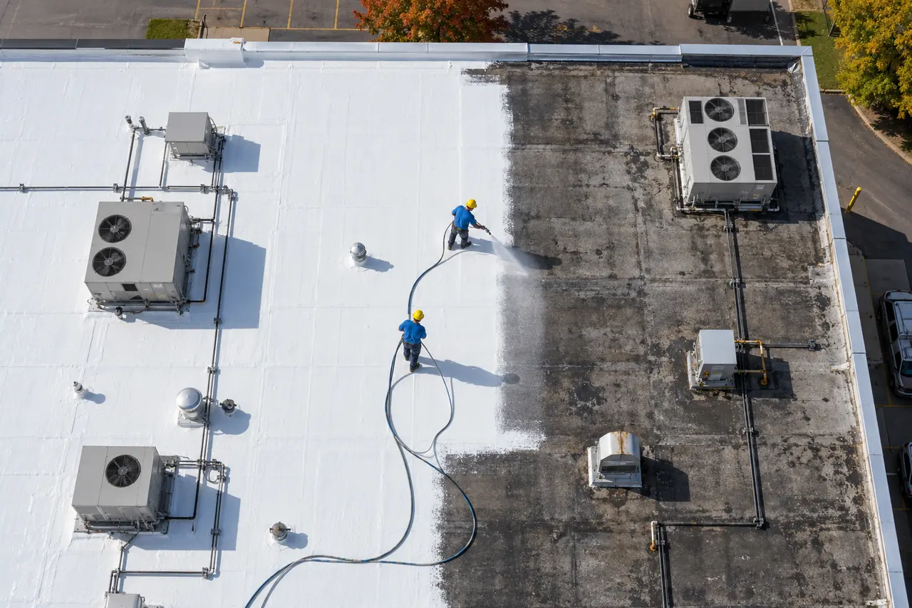 Aerial view of a commercial roof during a silicone coating application