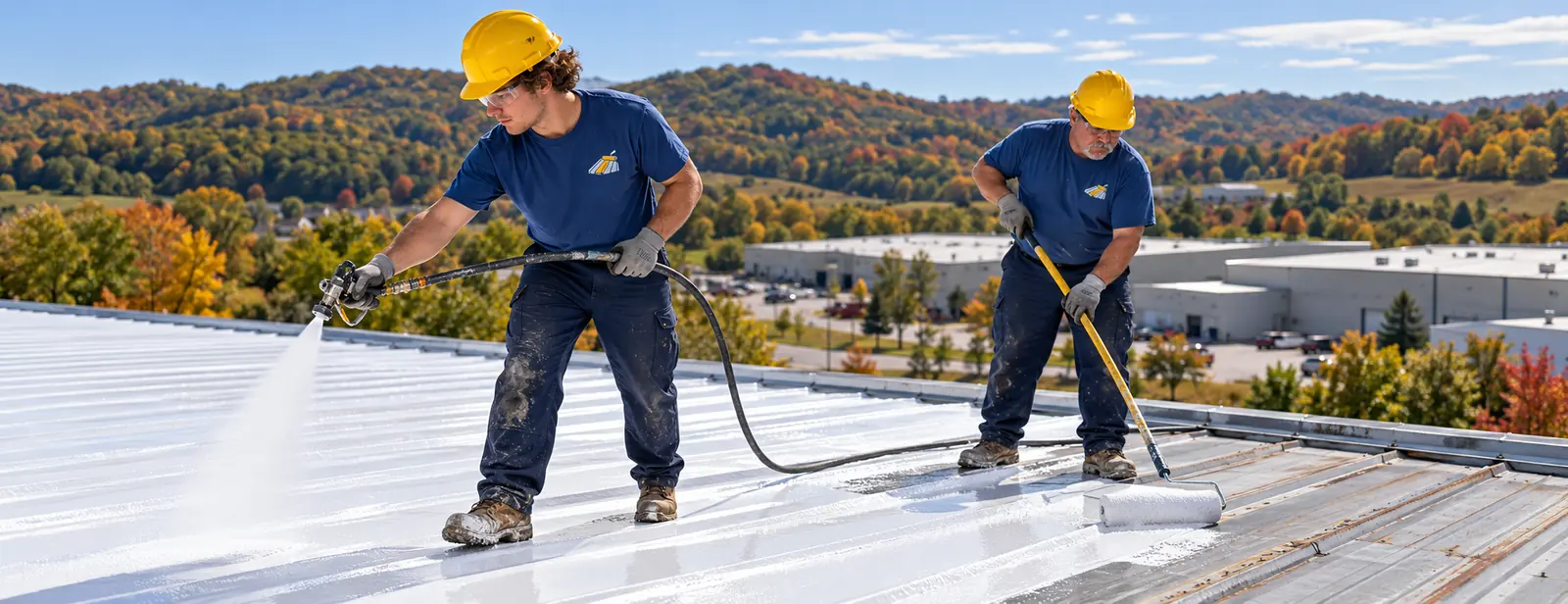 Coating crew rolling coating across a commercial metal roof in Independence, KY