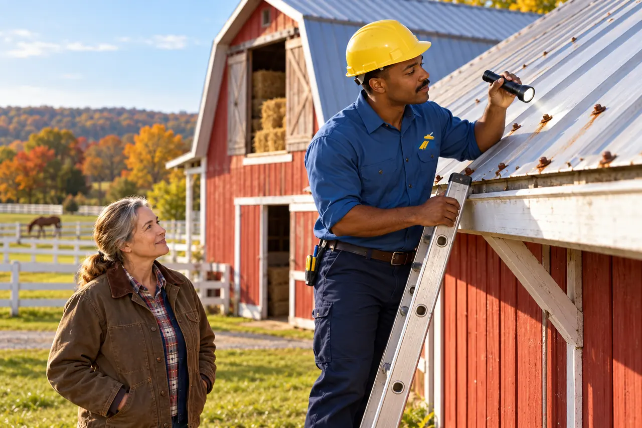 Roofer checking screws and washers during a metal roof inspection