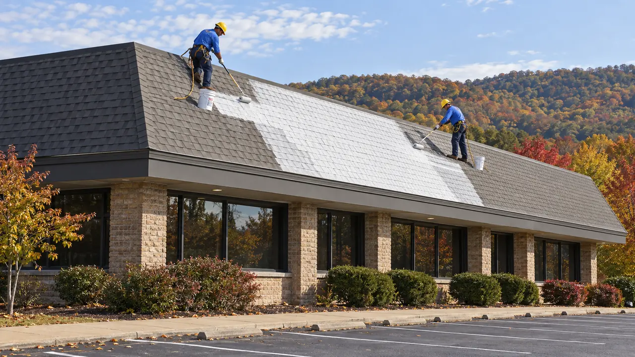 Crew coating an asphalt shingle roof on a commercial building