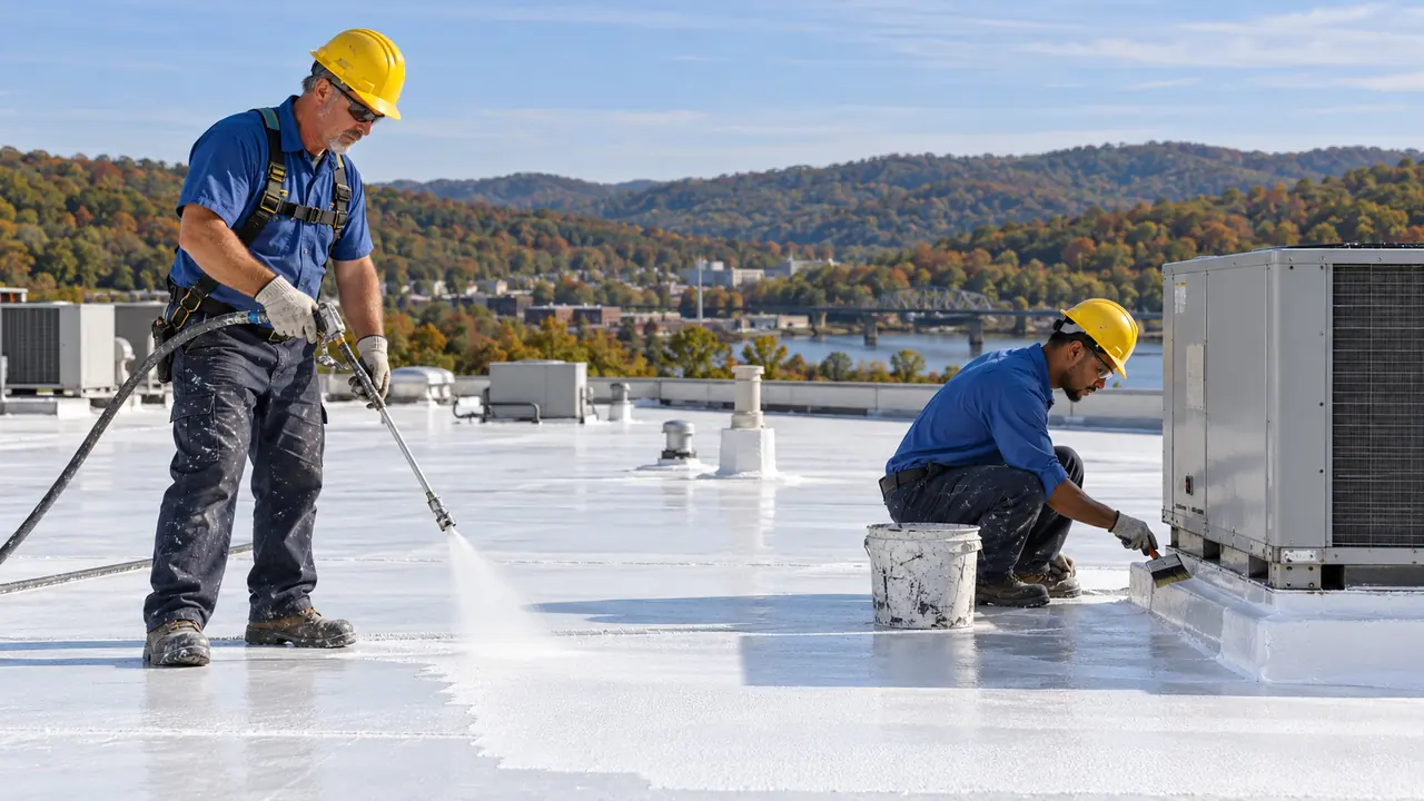 Crew applying silicone roof coating on a low-slope commercial roof