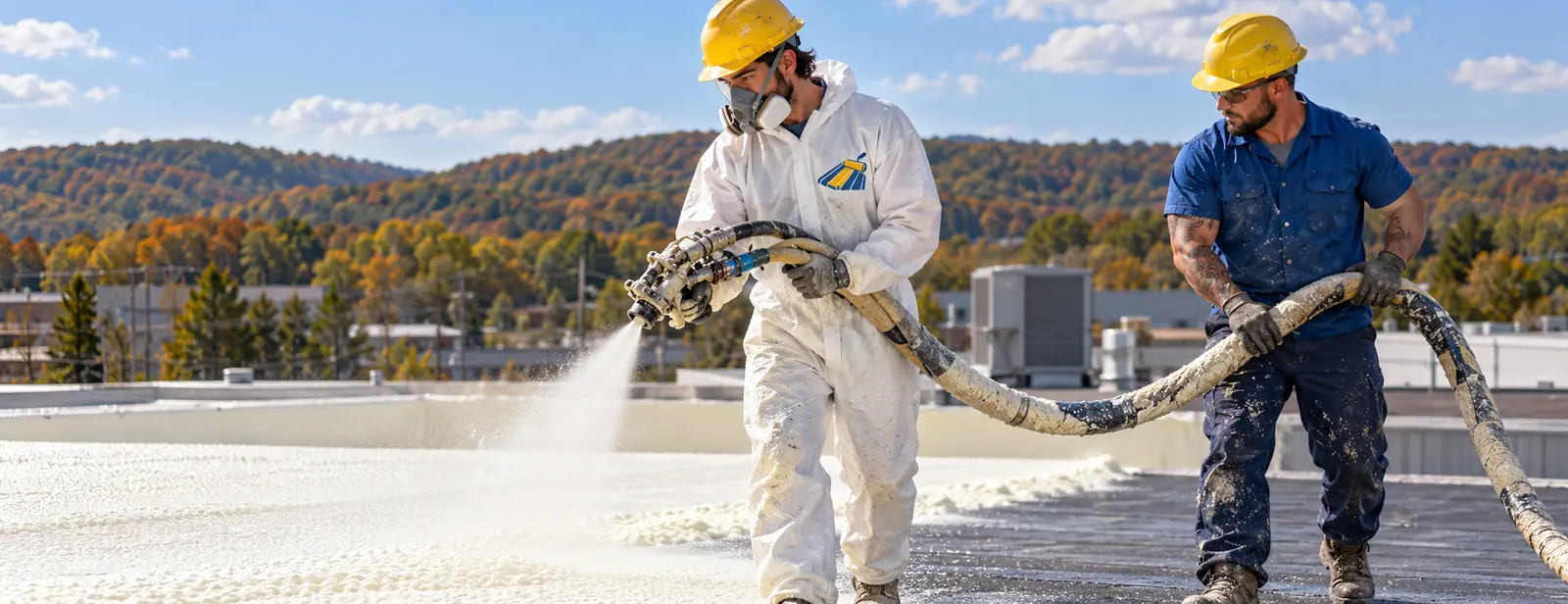 Spray foam crew applying foam over a commercial metal roof