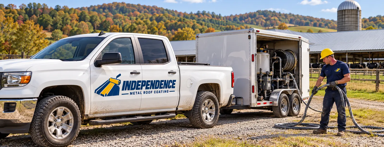 Roof coating work truck parked beside a commercial metal building